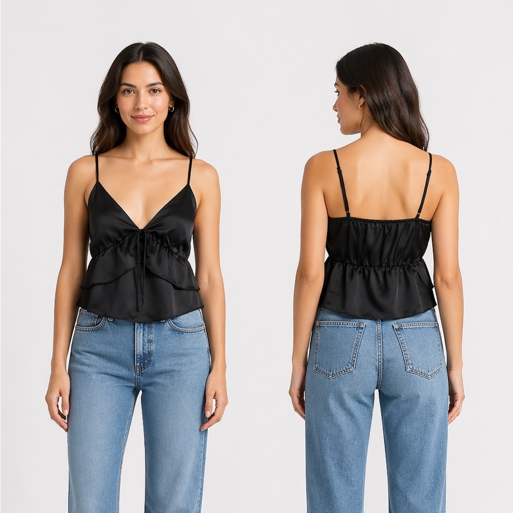 Day + Moon Black Satin Strappy Camisole Vneck Ruffle Tank Top Sexy S Small